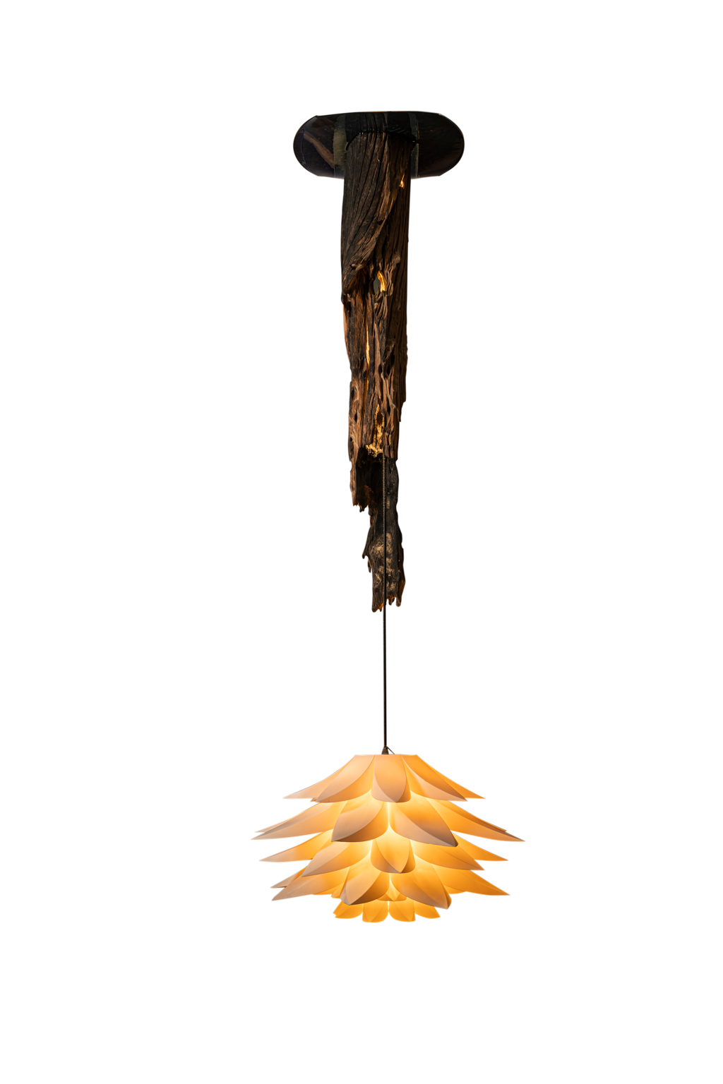 Lotus Light Fixture with Heavy Weathered Hardwood Droplight