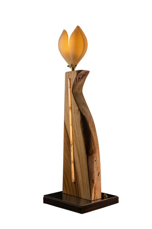 Glass Tulip Acacia Wood Lamp