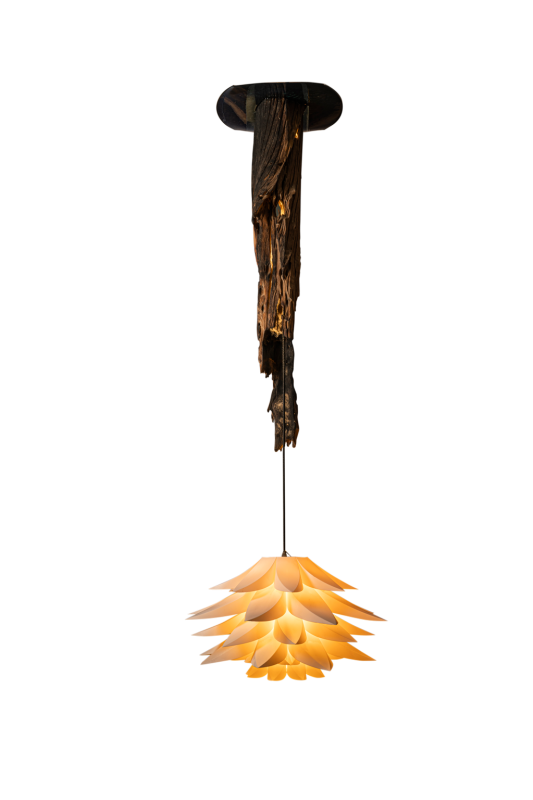 Lotus Light Fixture with Heavy Weathered Hardwood Droplight