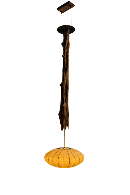 Weathered Hardwood Droplight with Cloth Lampshade